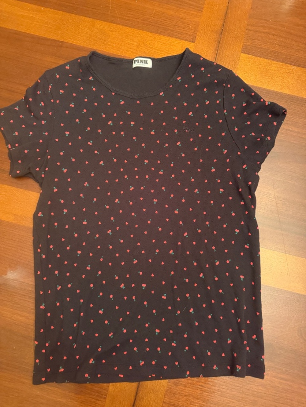PINK Victoria's Secret Black Tee with Red Cherry Pattern
